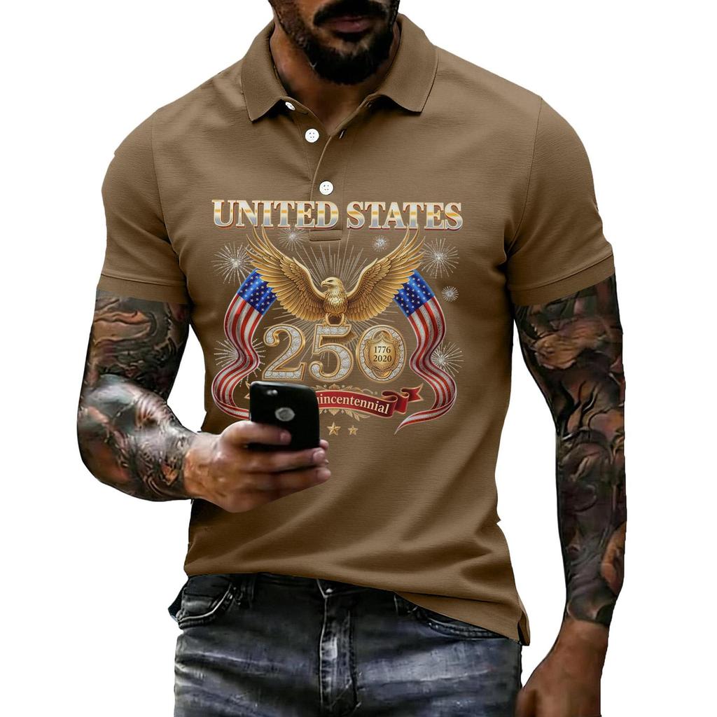 Men's Casual Polo Shirt Short Sleeve Flag Print Lightweight Breathable Comfortable Summer Top with Button Collar