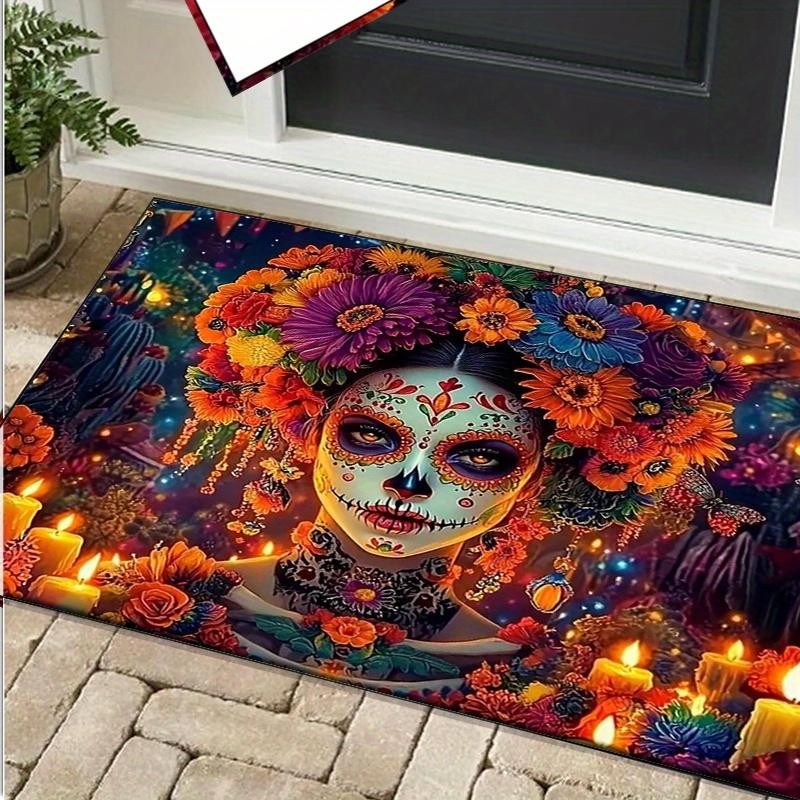 Floral Sugar Skull Rug for Colorful Living Room | Festive Butterfly and Flower Design for Day of the Dead Skid resistant carpet