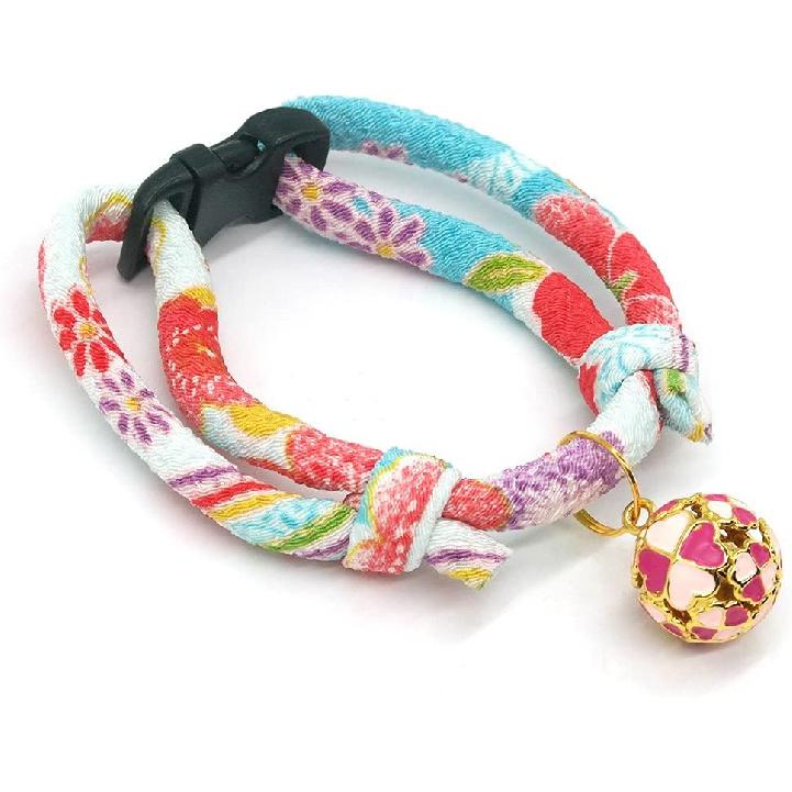 PetSoKoo Four-Leaf Clover Cat Collar with Bell Breakaway Buckle. Japanese Chirimen,Cute Kitten Collar for Girl Boy Cat