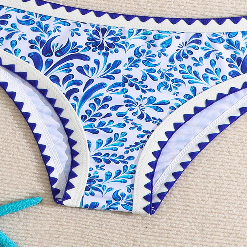 2025 Blue & White Porcelain Print Girls' Swimsuit - Holiday Beach Bikini Swimwear