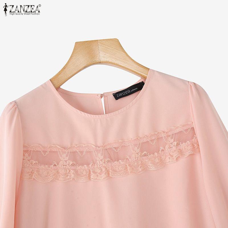 ZANZEA Women Casual V-Neck Long Sleeve Lace Patchwork Solid Color Loose Blouse