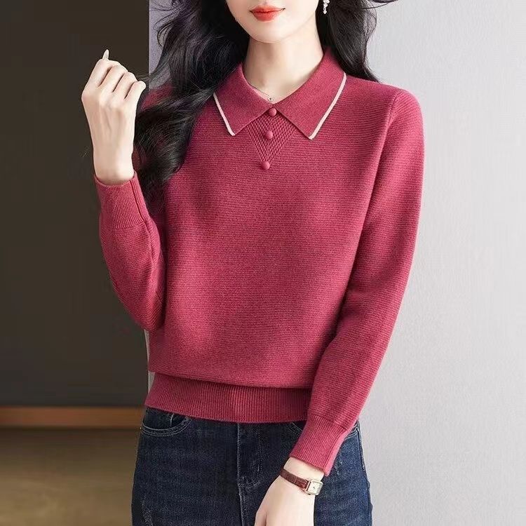 Autumn Winter Women's Sweater Polo Collar Knitted Top Large Loose Collar Pullover Stylish Bottom Shirt