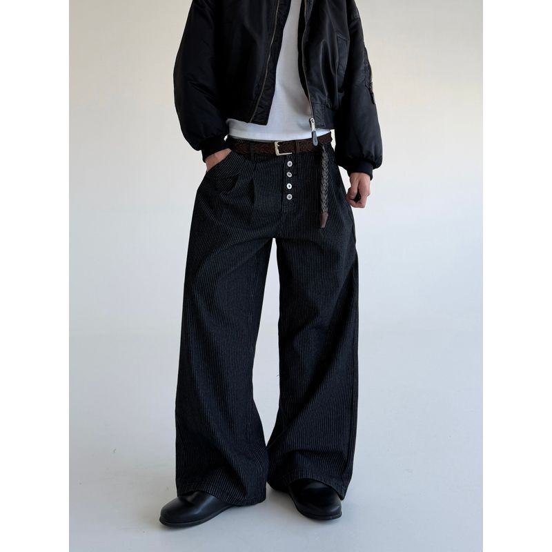 Cabbage Coke American Retro Trendy Brand A-Line Striped Wide-Leg Jeans for Men, Loose Casual Design Straight-Leg Pants