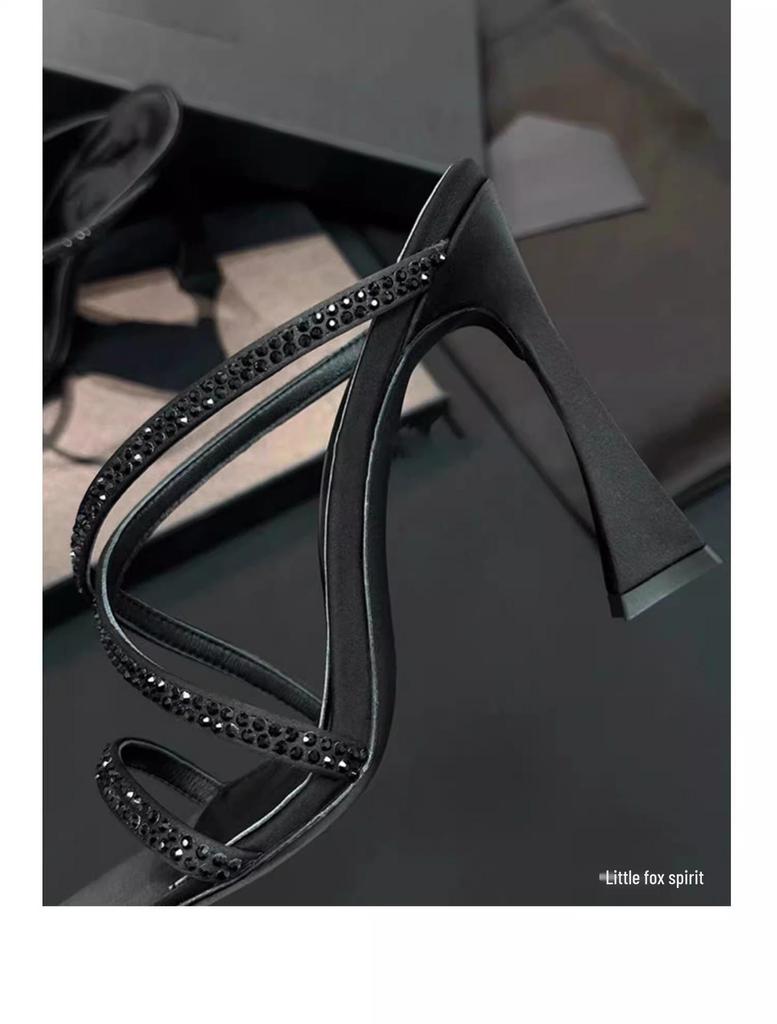 Brown Satin Rhinestone Pointed-Toe High Heel Sandals - Women's Mature Summer Style