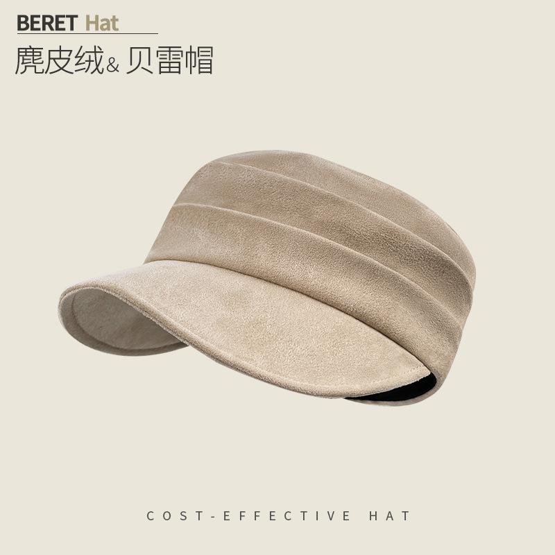Round Label Pleated Suede Flat Top Equestrian Hat Women'S Season Warm Newsboy Hat Showing Face Ducktongue Beret