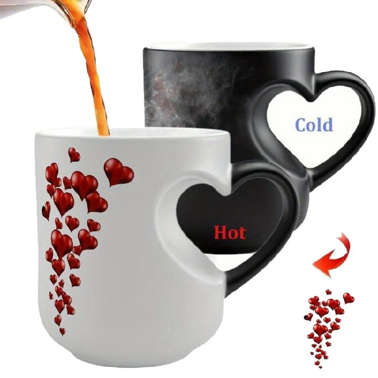 

Valentines Day Romantics Gift Color Changing Ceramic Cup With Handle Reveals Surprise Design When Fill with Hot Beverage