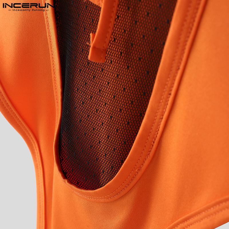 INCERUN Men Sleeveless Deep U Neck Mesh Patchwork Bodysuits Jumpsuits Rompers