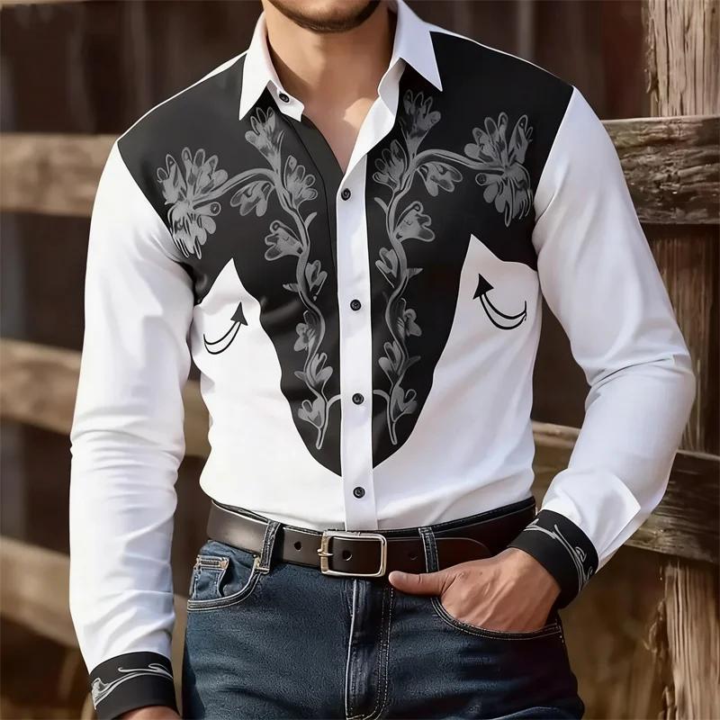 Western Style Long Sleeve Shirt with Golden Floral Embroidery, Trendy and Eye-catching