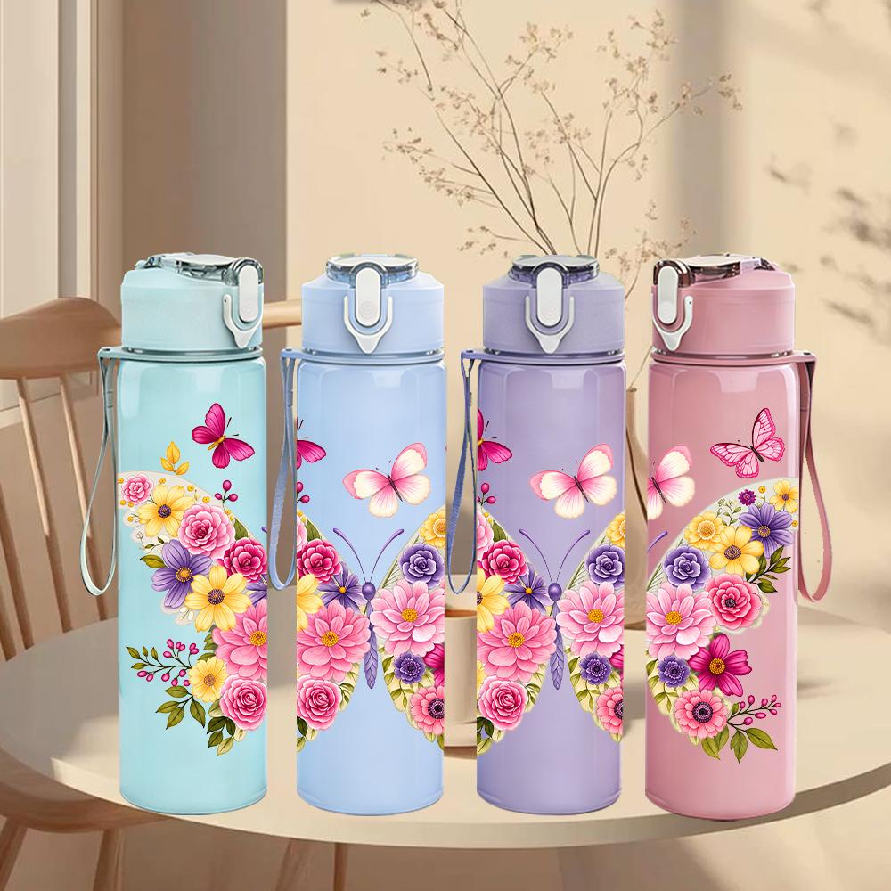 1PC Multi Pink Butterfly Bouquet 750ml Color Plastic Sports Water Bottle Leakproof Flip Straw Lid Suitable for Sports Office Home Use
