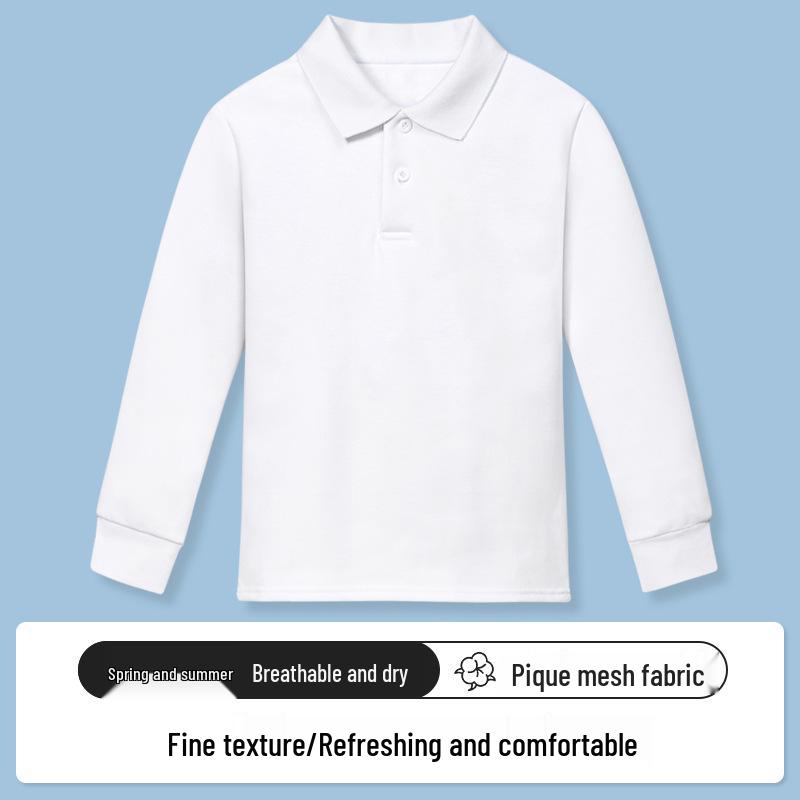 Children's White Cotton Polo Shirt with Striped Collar - Long Sleeve School Uniform for Boys and Girls