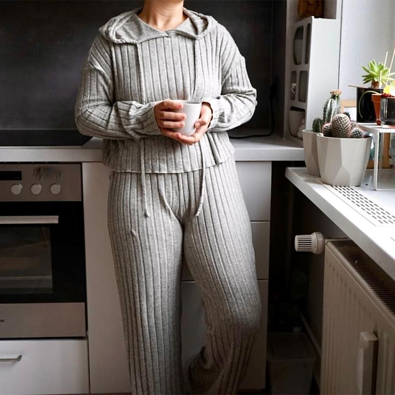 Women Autumn Winter Solid Color Loose Knitted Sweatshirt Suit Casual Long Sleeved Striped Hoodie Long Straight Leg Pants Two-piece Set