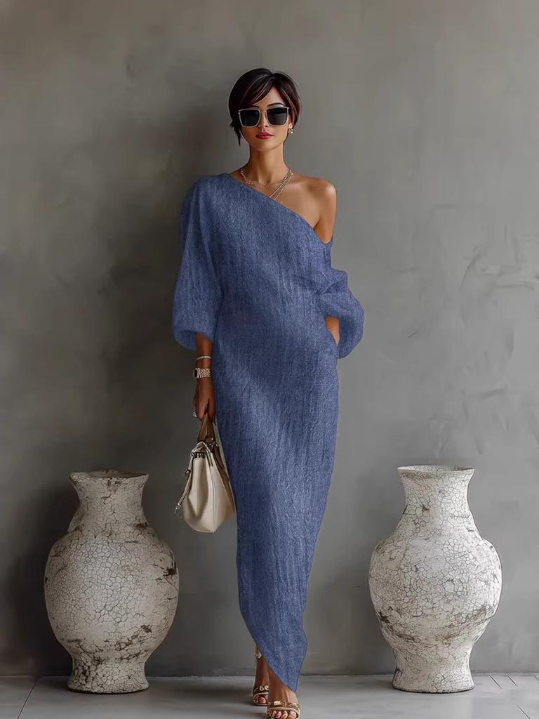 YYFS Women's Fashion Summer Spring Solid Color Print 3/4 Sleeves Oblique Collar Loose Waistline Casual Dresses