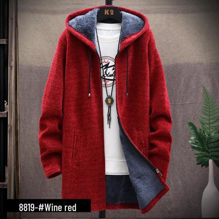 Trendy Autumn Winter Mens Chenille Hooded Sweater Coat Velvet Thick Medium Long Knit M вино красного