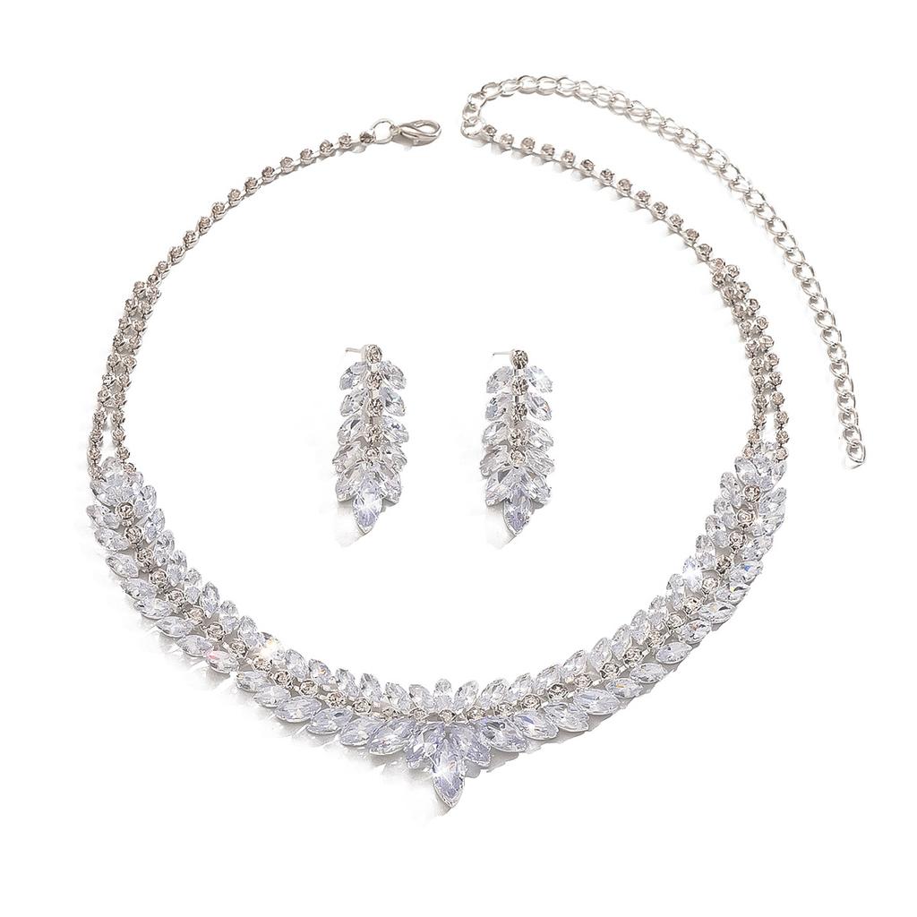 3PC Women's Fashion Zircon Water Drop Necklace Earrings Zircon Set Light Luxury Wedding Party Festival Gift-8564