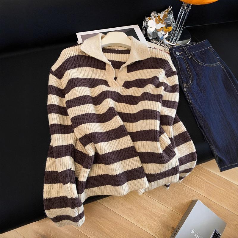 Lazy retro raccoon velvet striped soft waxy polo sweater women's autumn and winter