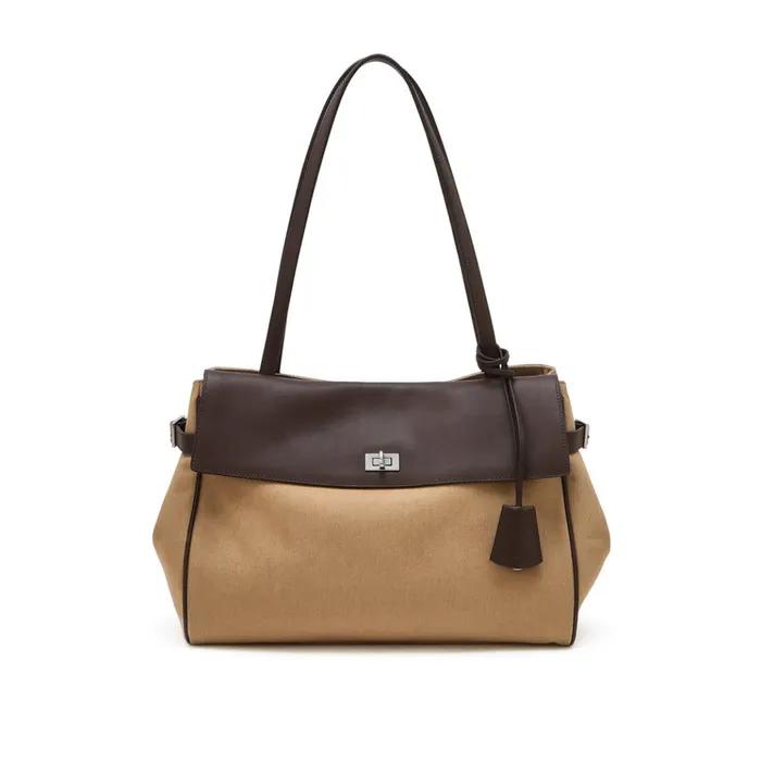 Aura Commute Brown Canvas Leather Combination Shoulder Bag L HIBA6E159I2