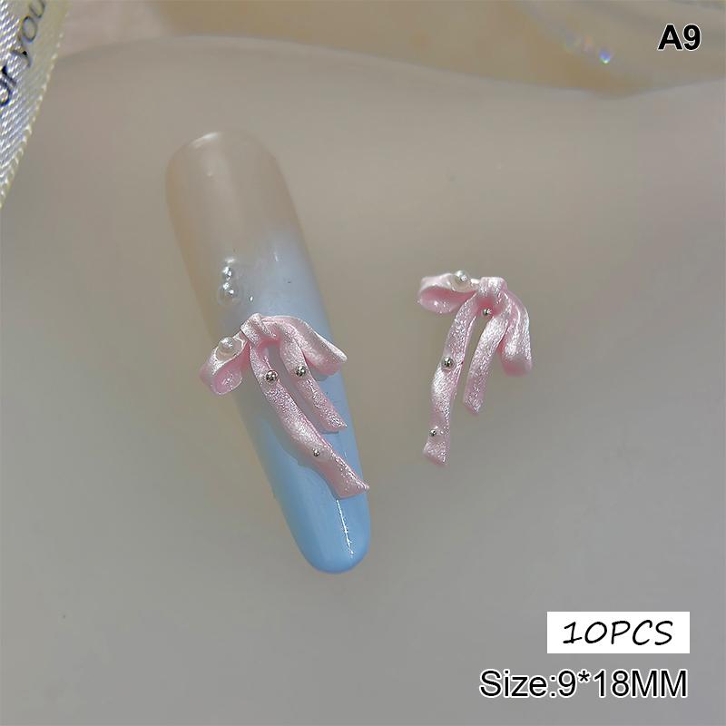 

10Pcs Satin Pearl Bow Nail Art Charms Ins Style Flatback Rhinestone Embellishments 3D Nail Decor A9