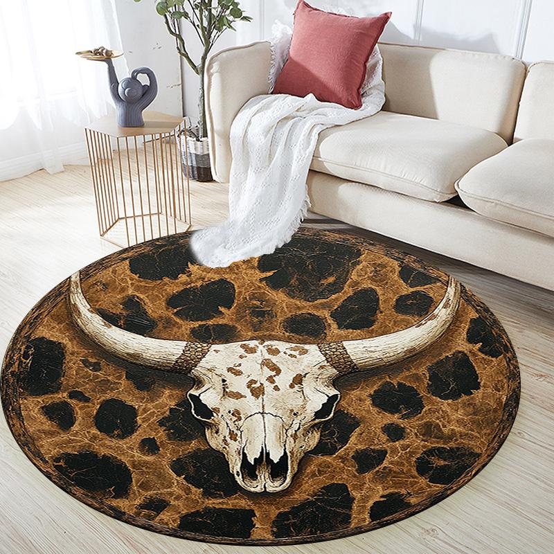 Leopard Print Bull Skull Round Area Rug,Carpet Rug for Living Room Bedroom Sofa Playroom Decor,Non-slip Floor Mat