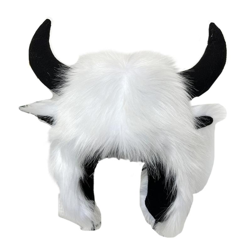 Furry Bull Hat Headwear with Cartoon Horns Halloween Gift Warm Soft Hat