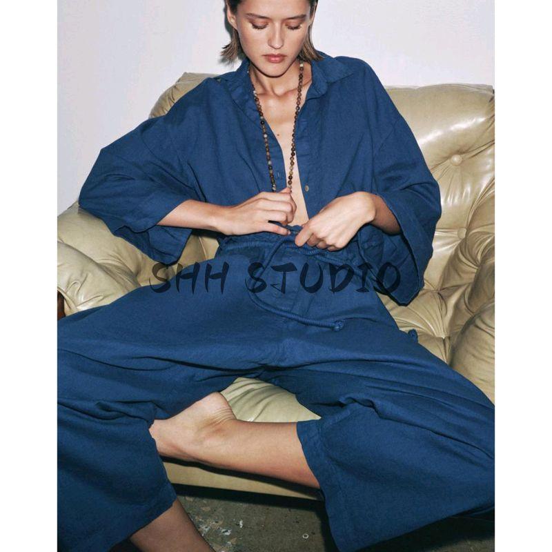 Linen Blended Lapel Long Sleeve Shirt Tops 4043012 Series with Decorations Mid Waist Casual Pants 4043246