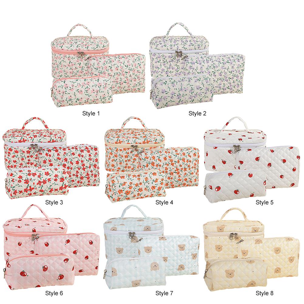 3Pcs Cosmetic Bag Cute Floral Cotton Toiletry Organizer Bag Zipper Travel Cosmetic Bag for Women Girls