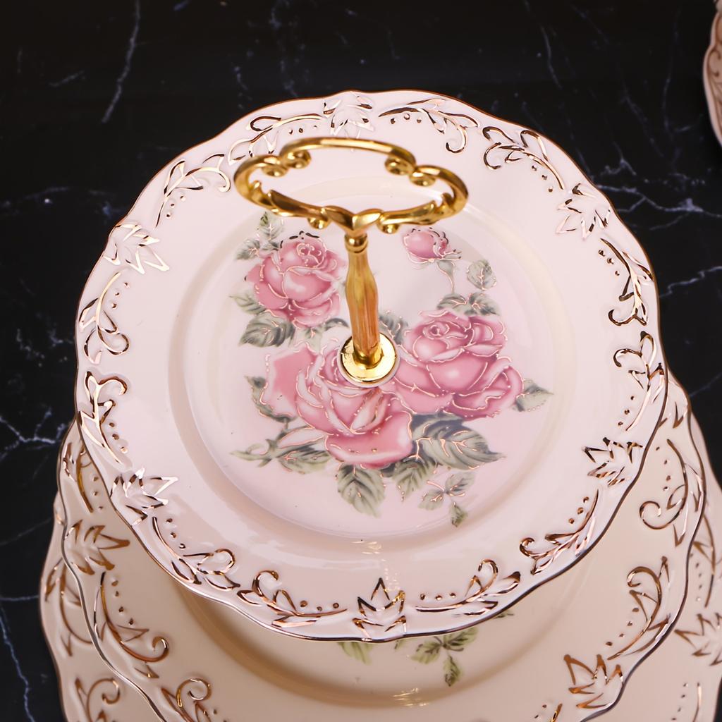 3-Tier Ceramic Dessert Stand with Metal Frame-European Style Buffet Display for Cakes, Fruits,Tea Party Wedding Table Decor