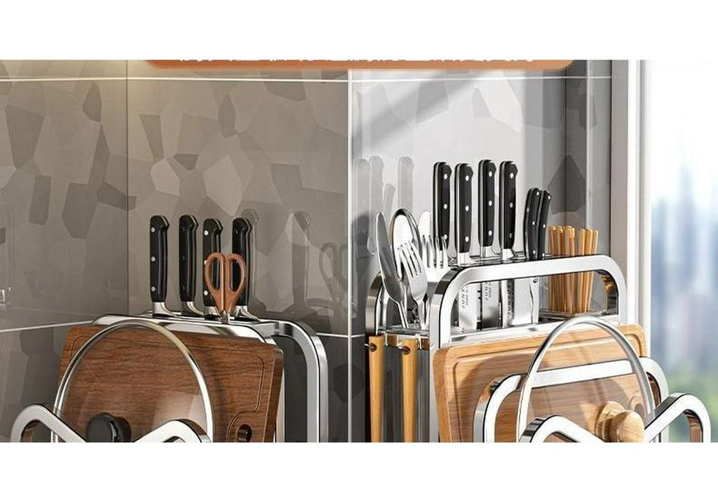 Stainless Steel Kitchen Organizer: Knife Holder, Pot Lid, Cutting Board, Cutlery & Chopstick Stand