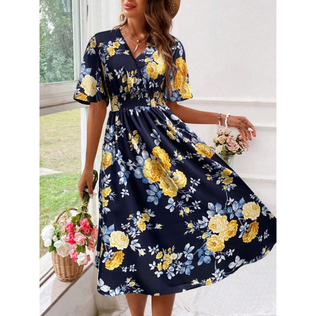 Großes Super Fairy-Kleid mit V-Ausschnitt und Blumenmuster, kurzärmeliger, temperamentvoller, taillenbetonter langer Rock für den Urlaub am Meer