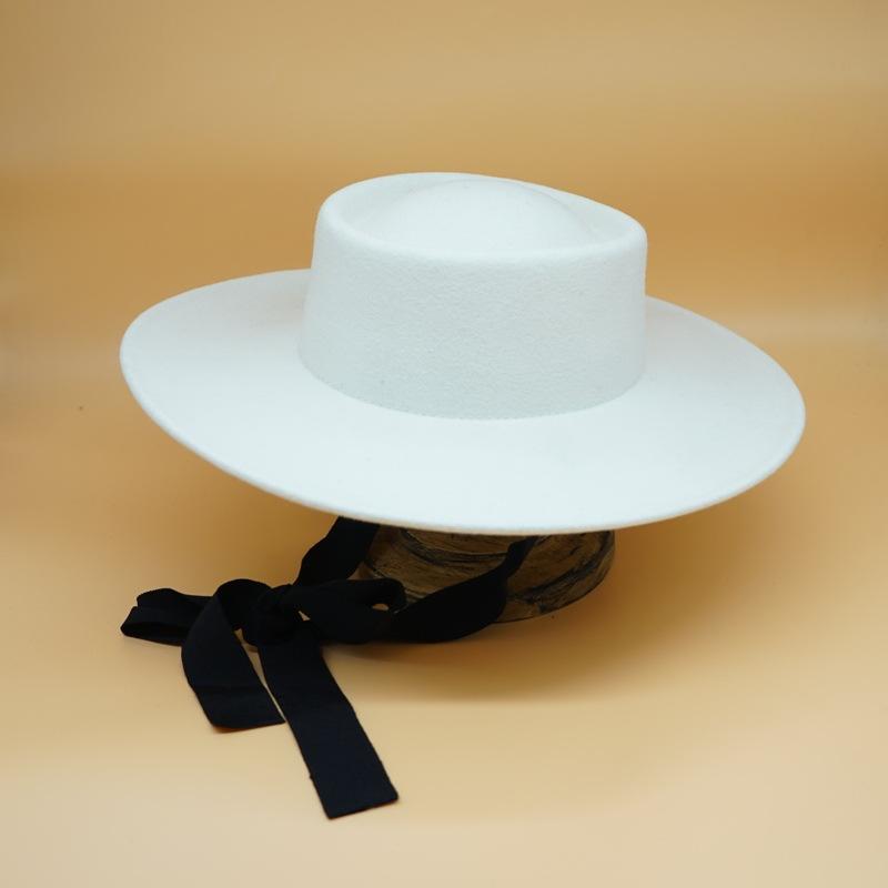 Foreign Trade White Big Eaves Wide Eaves Wool Flat Top Top Top Hat Female Autumn And Winter British Retro Versatile French Celebrity Felt