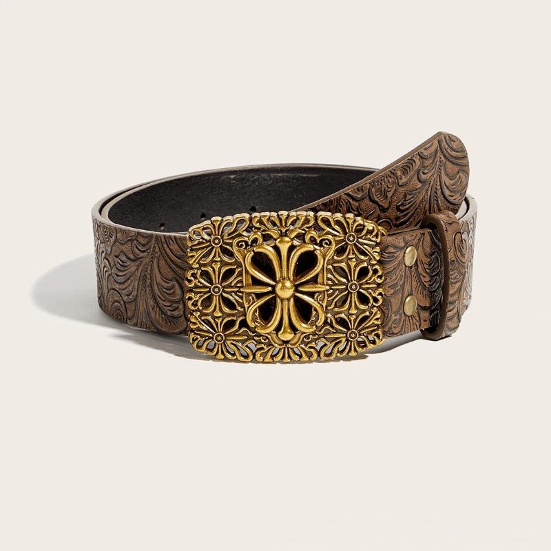 NEW Vintage White Stone Buckle Belt Engraved Flower Belt Embossed Leather Belt Boho Western Belt Jeans Belt