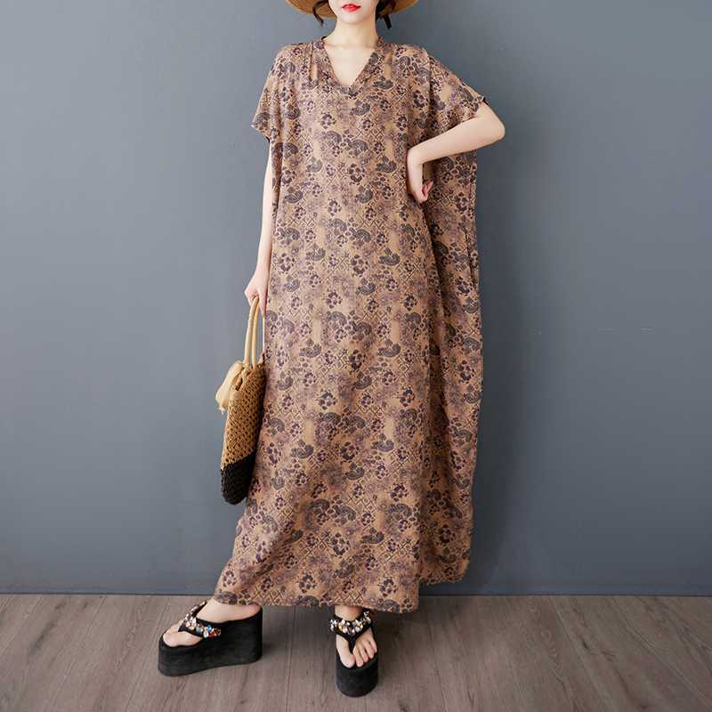 Large Size Floral Dress, Retro Long Robe for Ladies