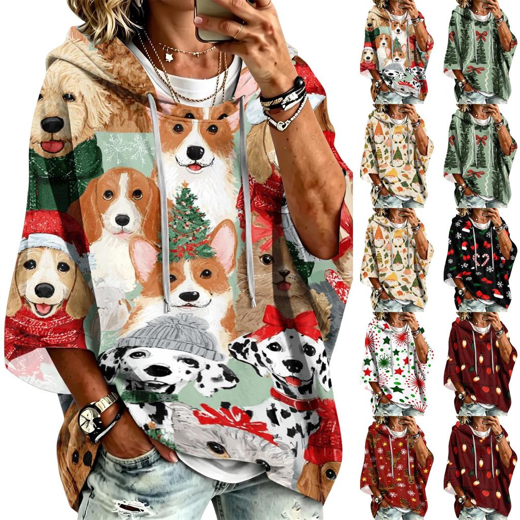 Women's Christmas Print Hooded Pullover Top with Three-Quarter Sleeves