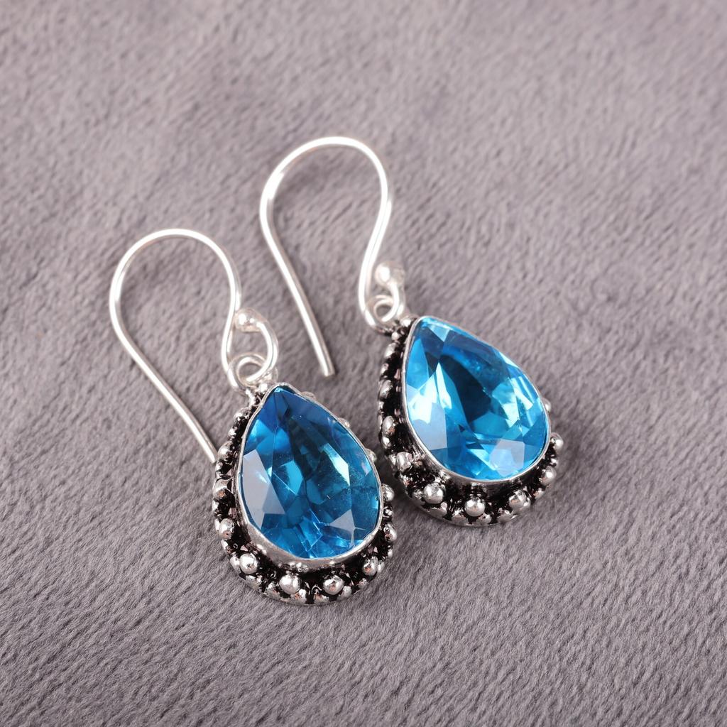 Swiss Blue Topaz Gemstone 925 Sterling Silver Handmade Earrings Gift For Her EE-97-4