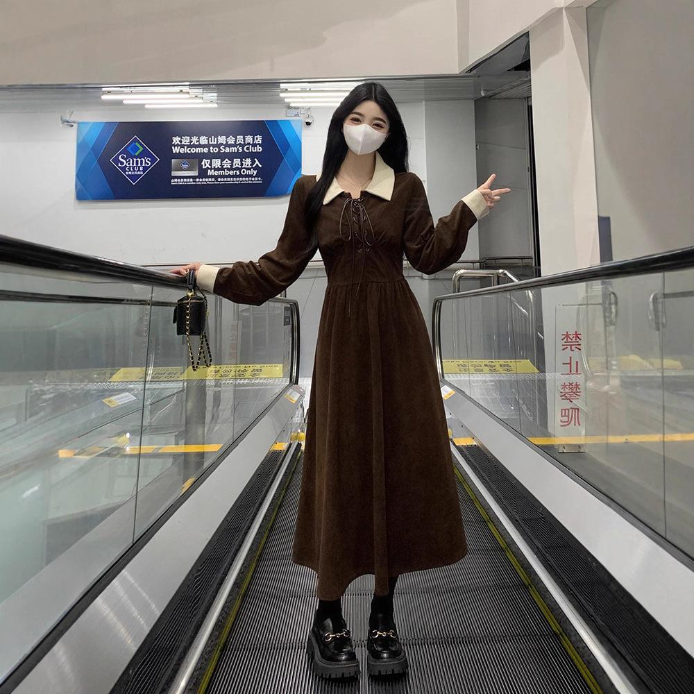 Large size slightly fat mm contrasting corduroy waist thin meat cover dress women's autumn lapel chic retro skirt
