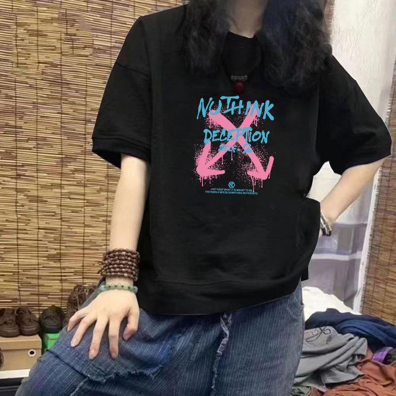 

Женская повседневная футболка с коротким рукавом из 100% хлопка - Новый свободный, приталенный дизайн, рукав до локтя, большой размер, модный топ с принтом 3XL (for 160-180 jin) чёрный