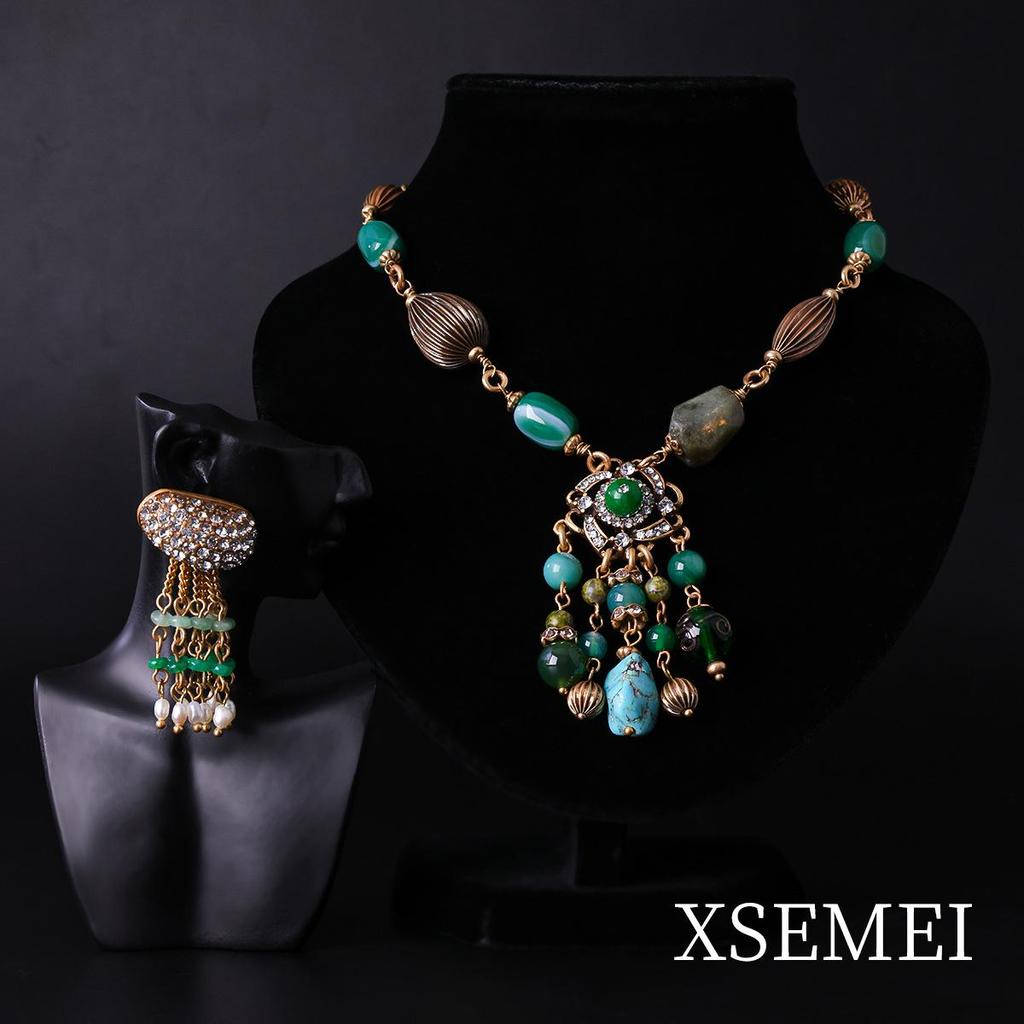 Retro Filigree Agate Glass Tassel Necklace & Pearl Rhinestone Earrings Set