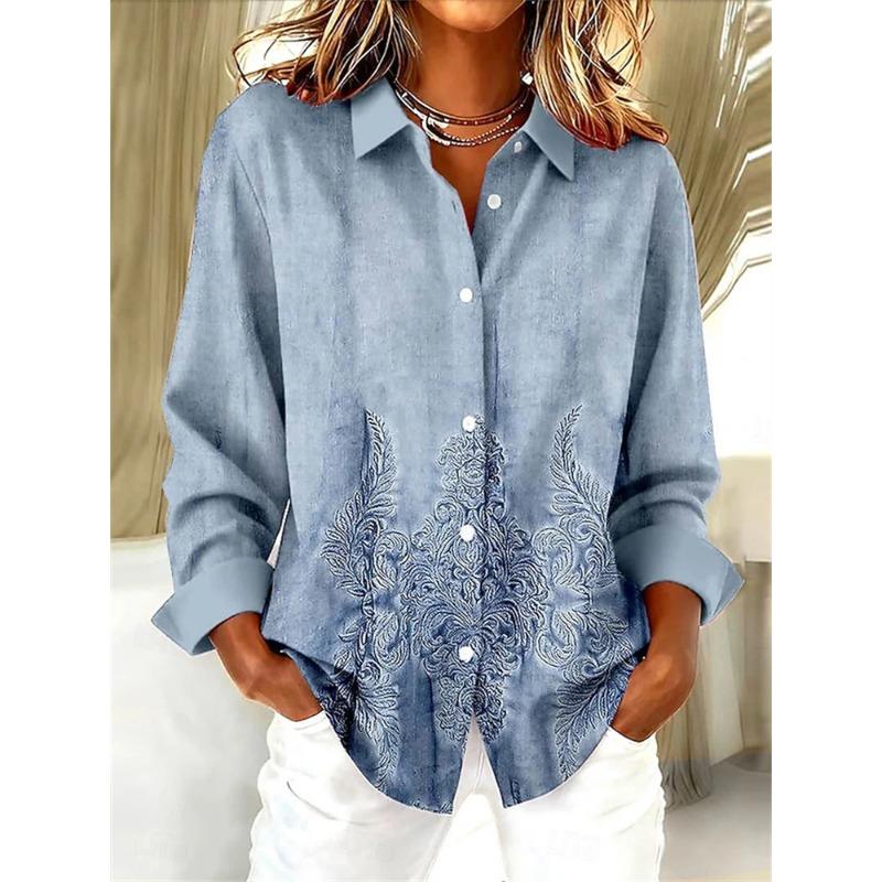 Retro Women's Oversized Shirt 3D Floral Print Minimalist Vintage-Style Casual Long-Sleeve Shirt Comfortable Collared Top