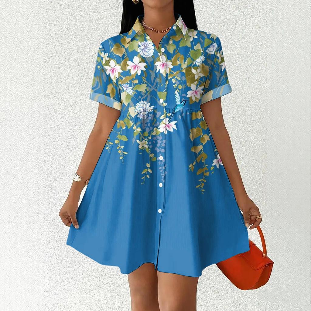 Casual Loose Fit Shirt Dress for Women Button Front Short Sleeve Collared Dress Lightweight Comfortable Summer Dress