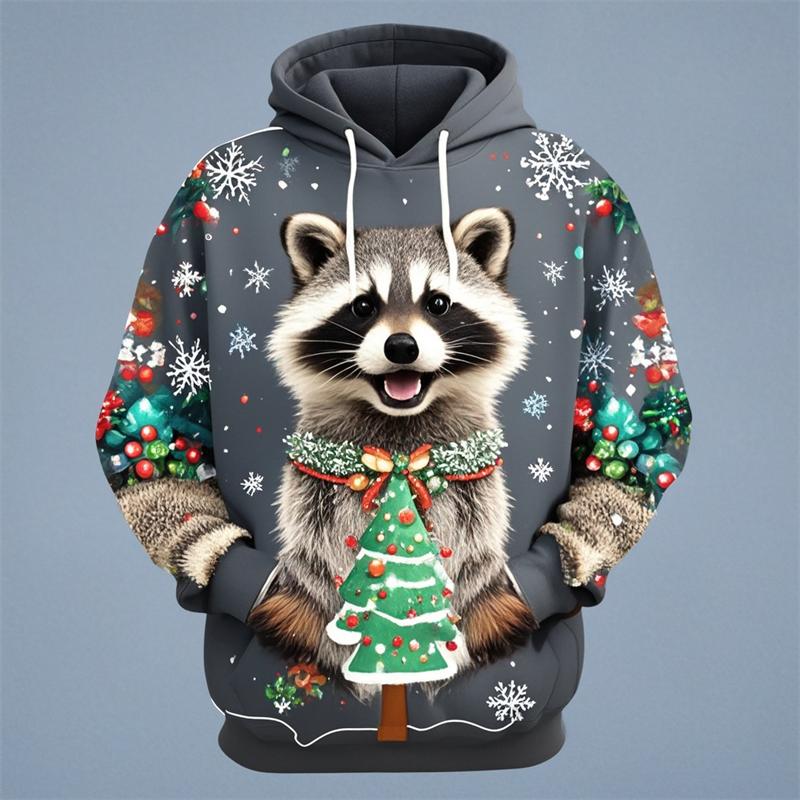 Cute Raccoon Graphic Sweatshirts Harajuku Fashion Christmas Hoodies For Men Female Clothes Tracksuit Boys Pullovers Kids Tops