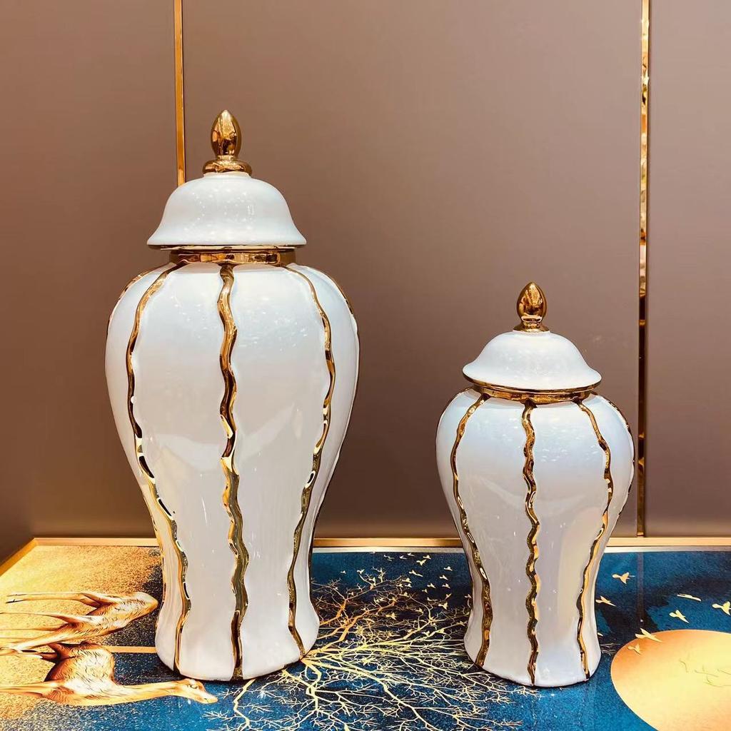 Ceramic General Jar Electroplated Gold Plaid Artwork Storage Jar Home Decor Hotel Display Vase Dry Dried Flowe Vase With lid