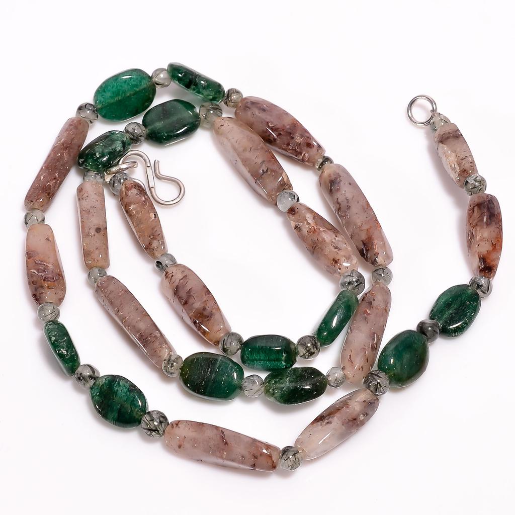 Natural Green Aventurine Dot & Rutile Quartz Smooth Beads Necklace 3-21 Mm 19" UB-8533