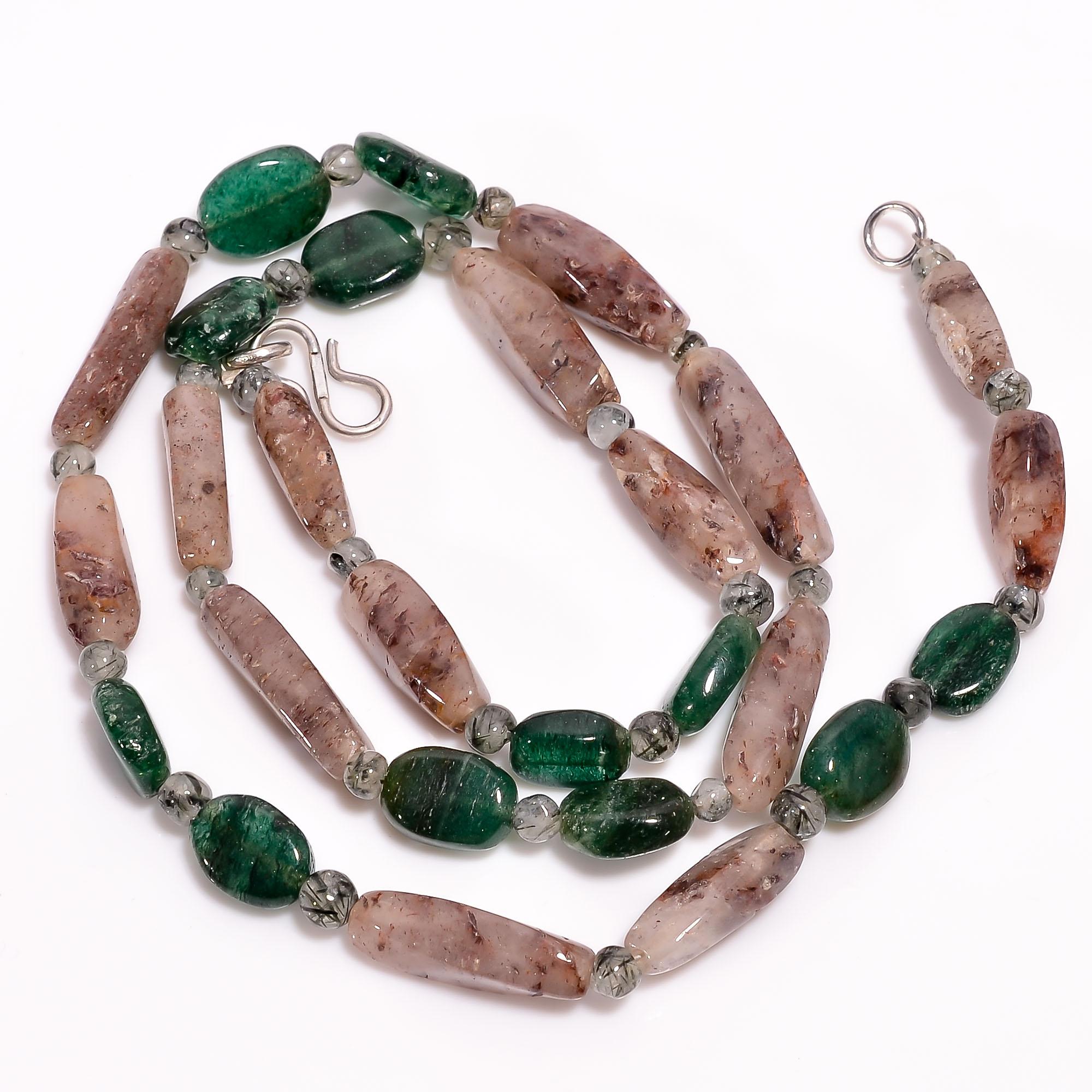 

Natural Green Aventurine Dot & Rutile Quartz Smooth Beads Necklace 3-21 mm 19 UB-8533