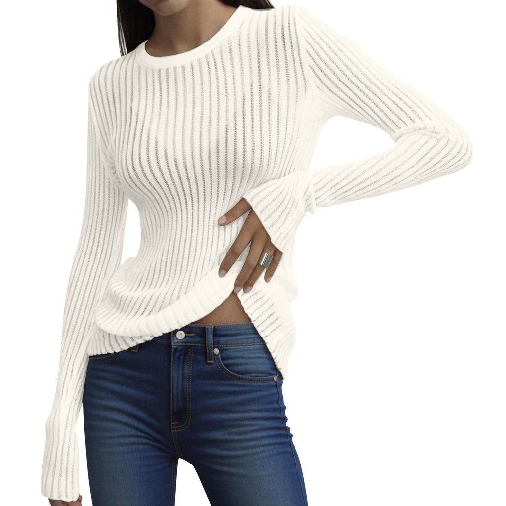 Damen Casual Mode Langarm Rundhals Atmungsaktives Pullover-Top