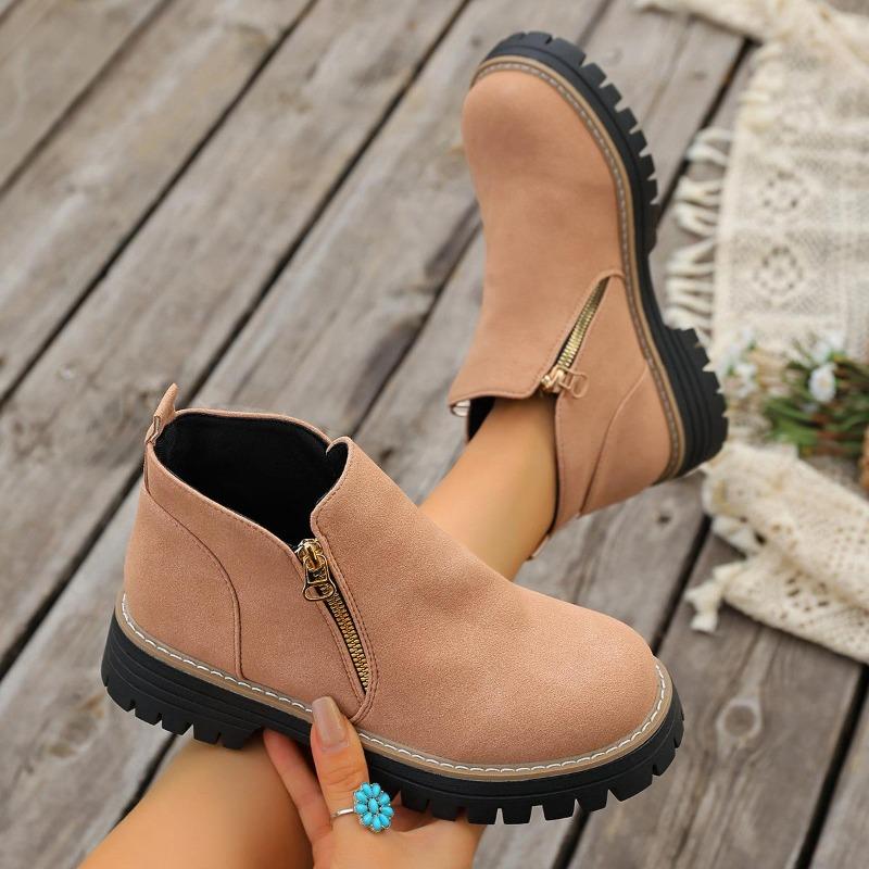 Damen Stiefeletten mit runder Zehenpartie in Überweite, Martin Boots mit Blockabsatz und Reißverschluss an der Seite, Herbst Winter Kurzstiefel für Damen