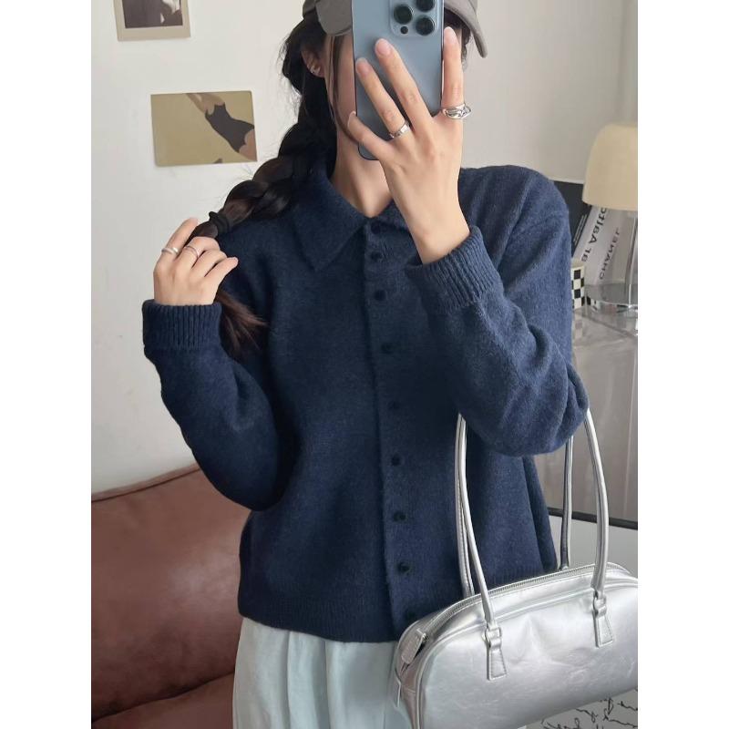 

Ленивый однобортный однотонный трикотажный свитер с длинными рукавами, женский кардиган, свободный и тонкий топ для ношения весной и осенью one size fits all тёмно-синий