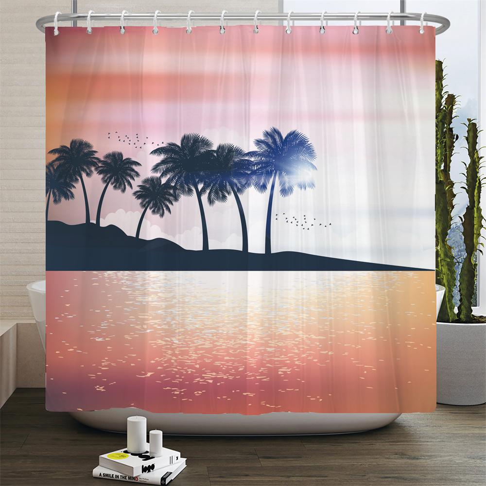 Strand Sonnenuntergang Palmen Landschaft 3D-Druck Duschvorhang Polyester Wasserdicht Heimdeko Vorhang Mit Haken Große Größe 300x180
