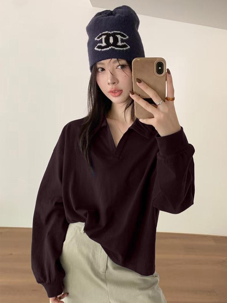 

Lazy style loose top, versatile lapel knitted base shirt, women s new spring underwear sweatshirt f 40kg-70kg