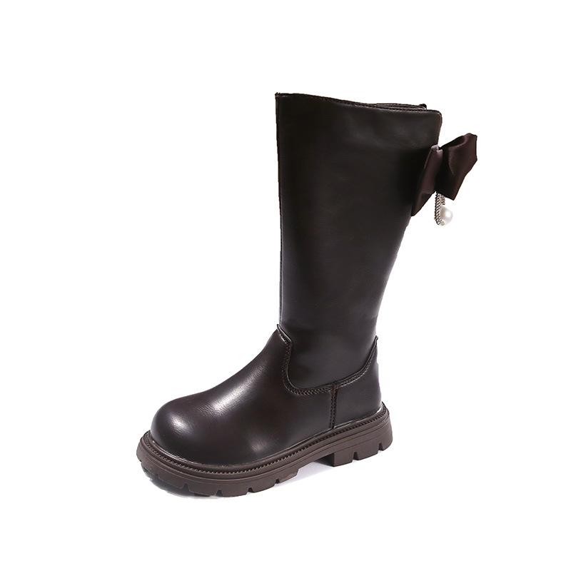 

Девочки сапоги 2025 осень новая мода милый жемчужный бант одинарные сапоги детские сапоги на боковой молнии 30 темно-коричневого