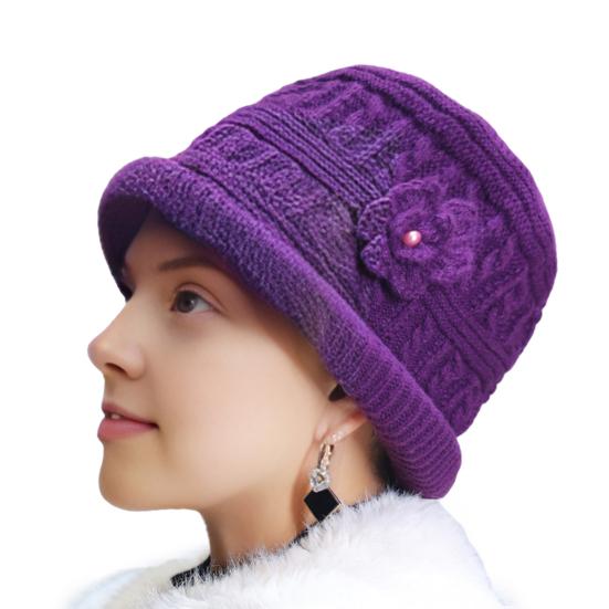 Women Thicken Knitted Hat Flower Crochet Bucket Hat for Elderly Women Winter Warm Fisherman Hat for Outdoor Activities