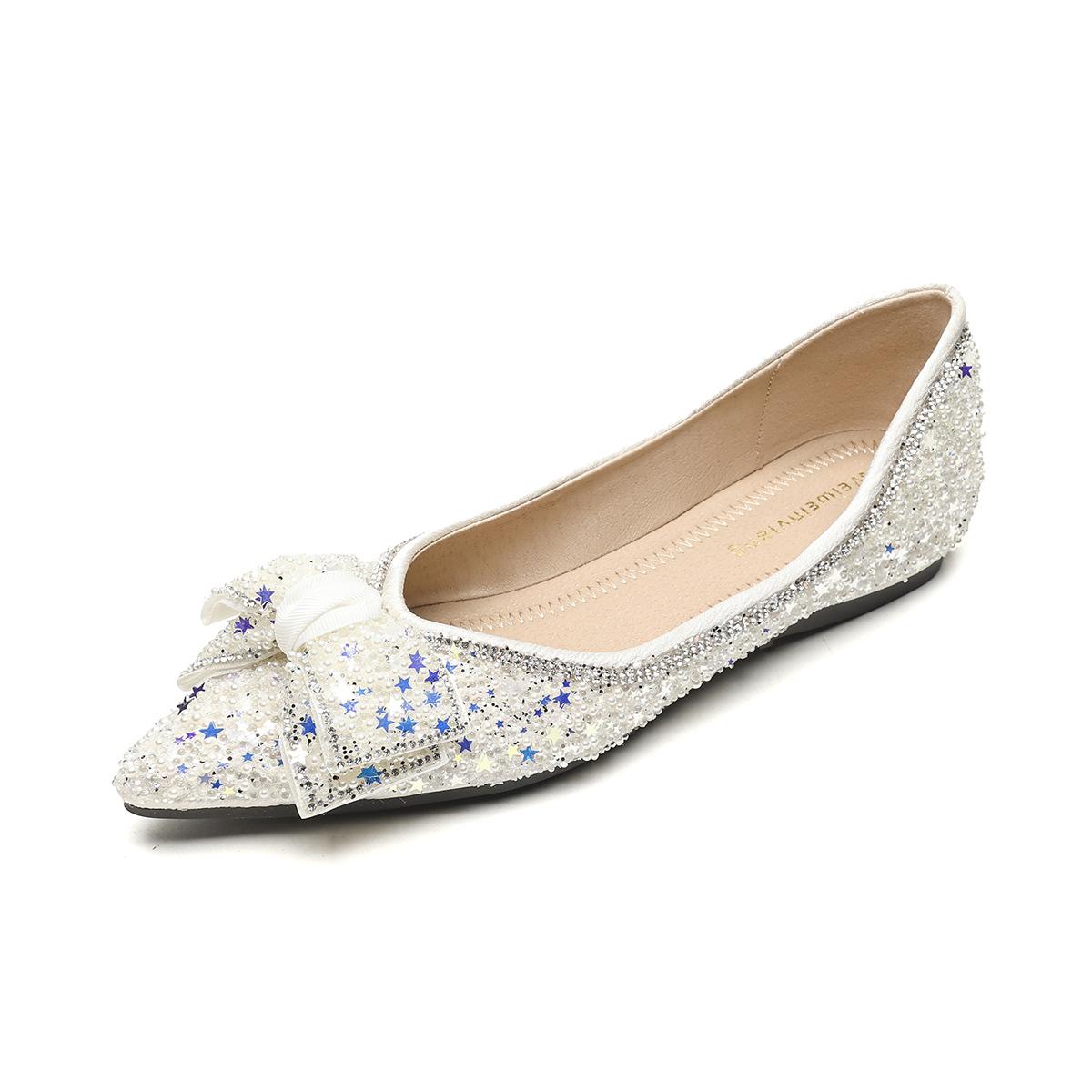 

Weiwei girl 5933-15 остроносые одинарные туфли женские плоские с одной педалью неглубокие горловины со стразами и бантом туфли Doudou мягкая подошва 35